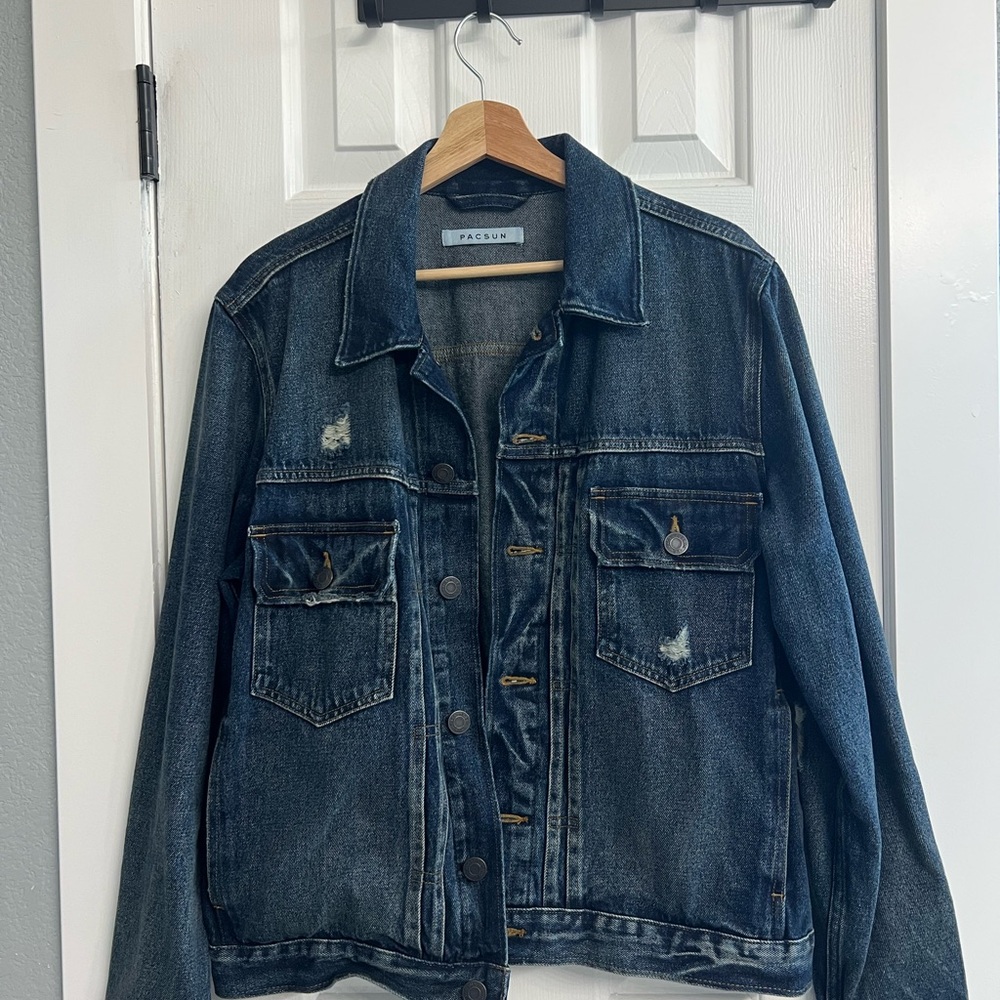 PacSun Men's Dark Blue Distressed Denim Jacket